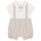 Baby Boys White & Beige Logo Romper, 1, hi-res