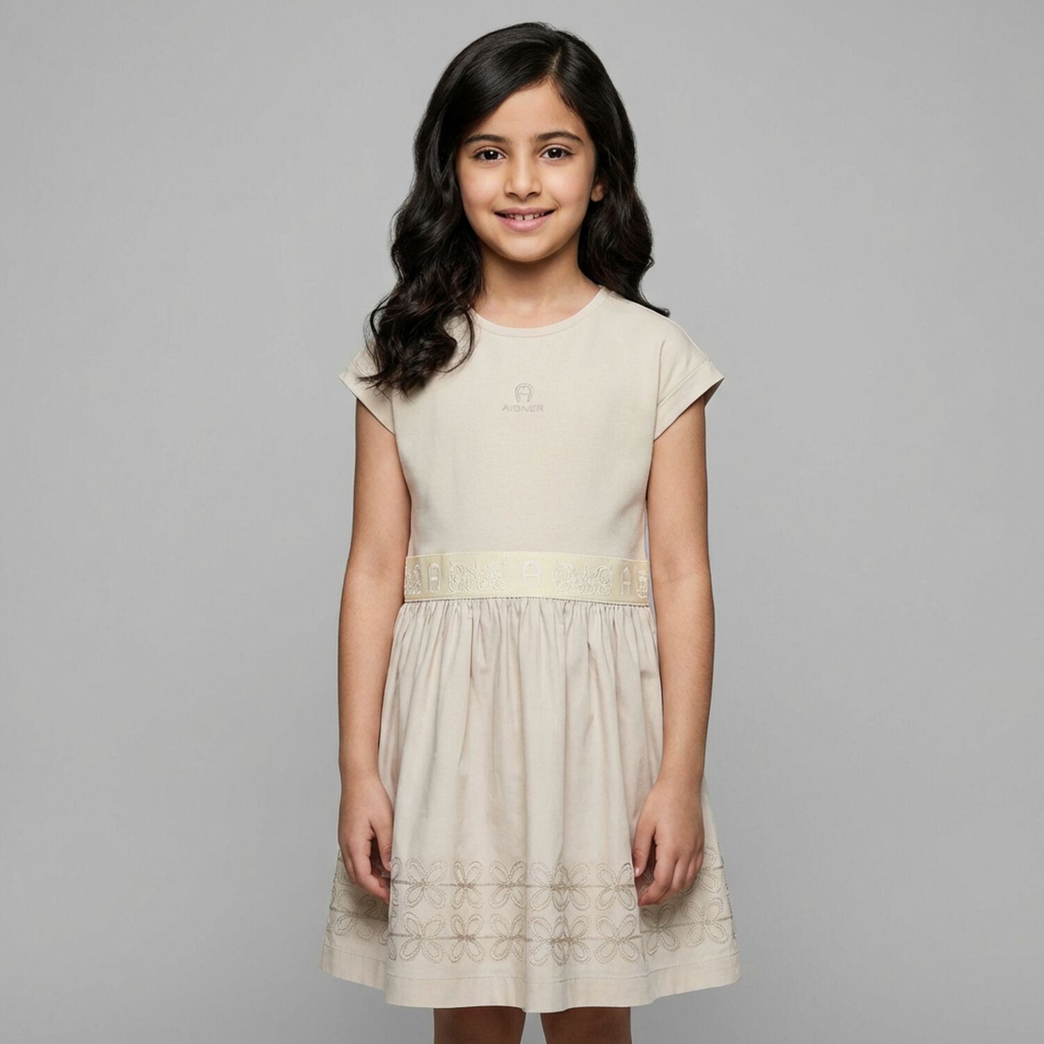Girls Beige Logo Dress, 2, hi-res