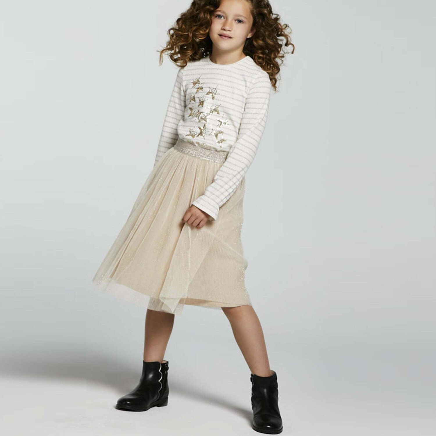 Girls Beige & Gold Tulle Skirt, 1, hi-res