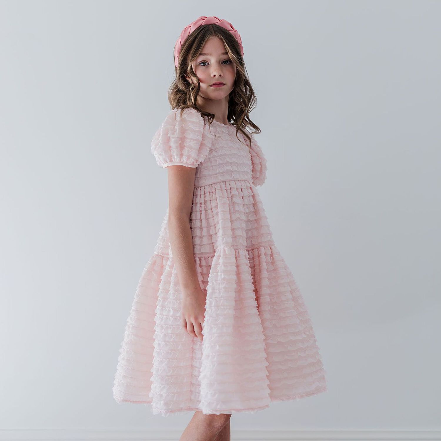 Girks Pink Ruffled Tiered Dress, 1, hi-res