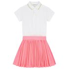Girls White & Neon Pink Pleated Dress, 1, hi-res