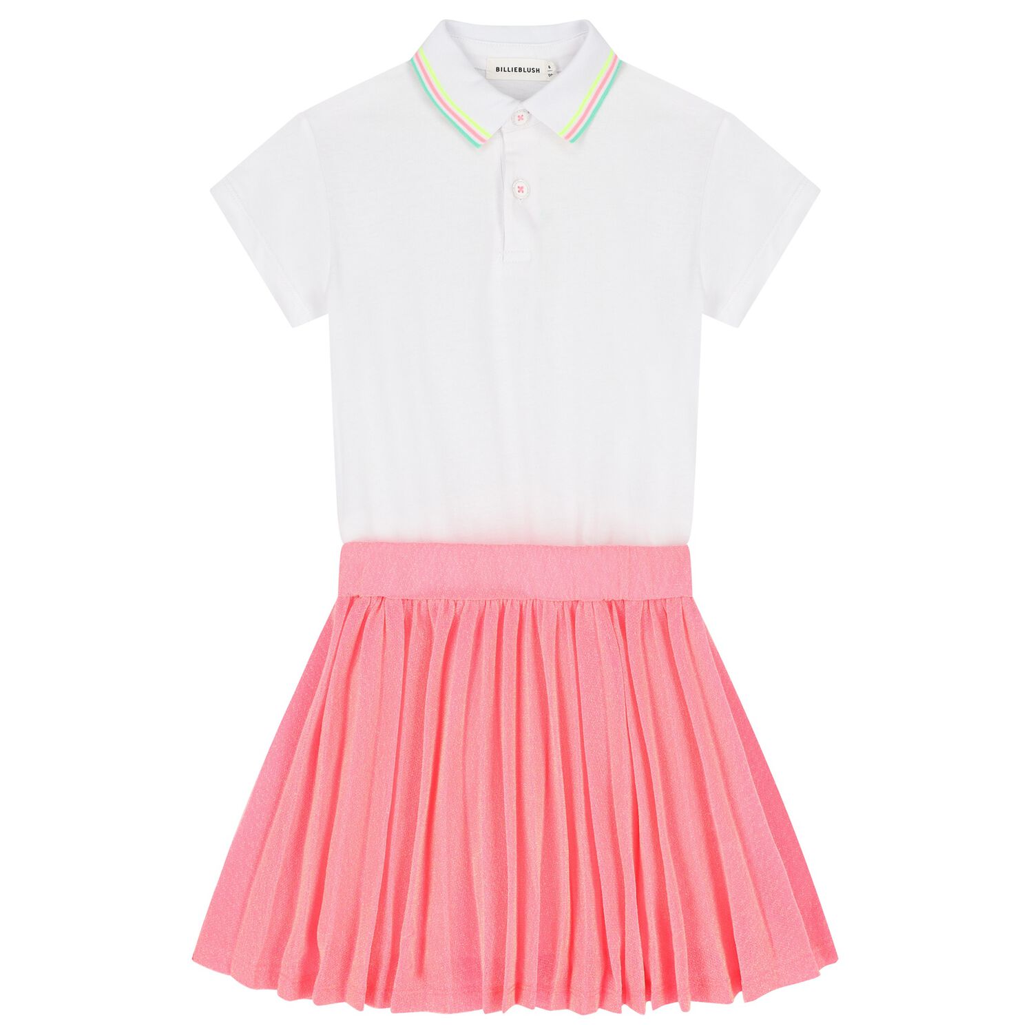 Girls White & Neon Pink Pleated Dress, 1, hi-res