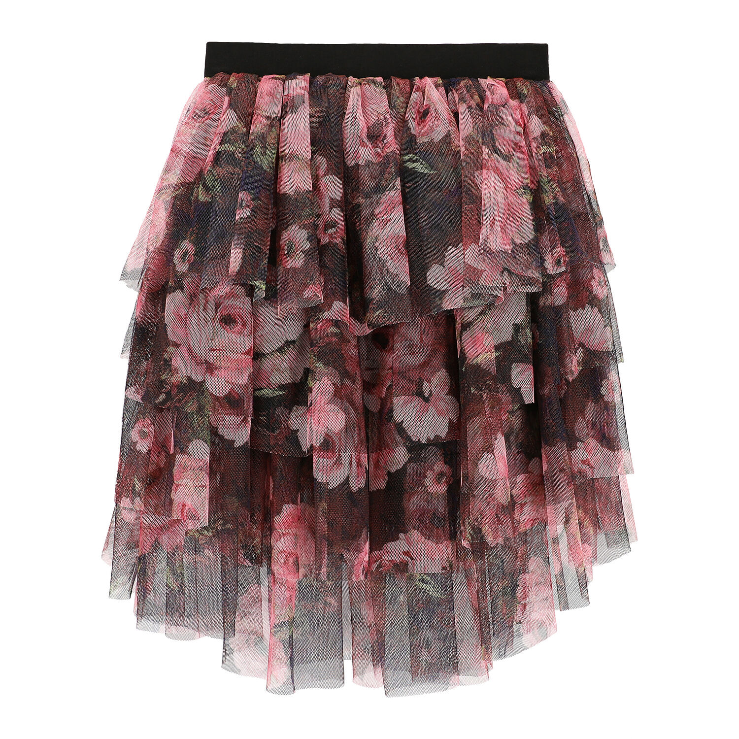 Girls Black & Pink Rose Tulle Skirt, 1, hi-res