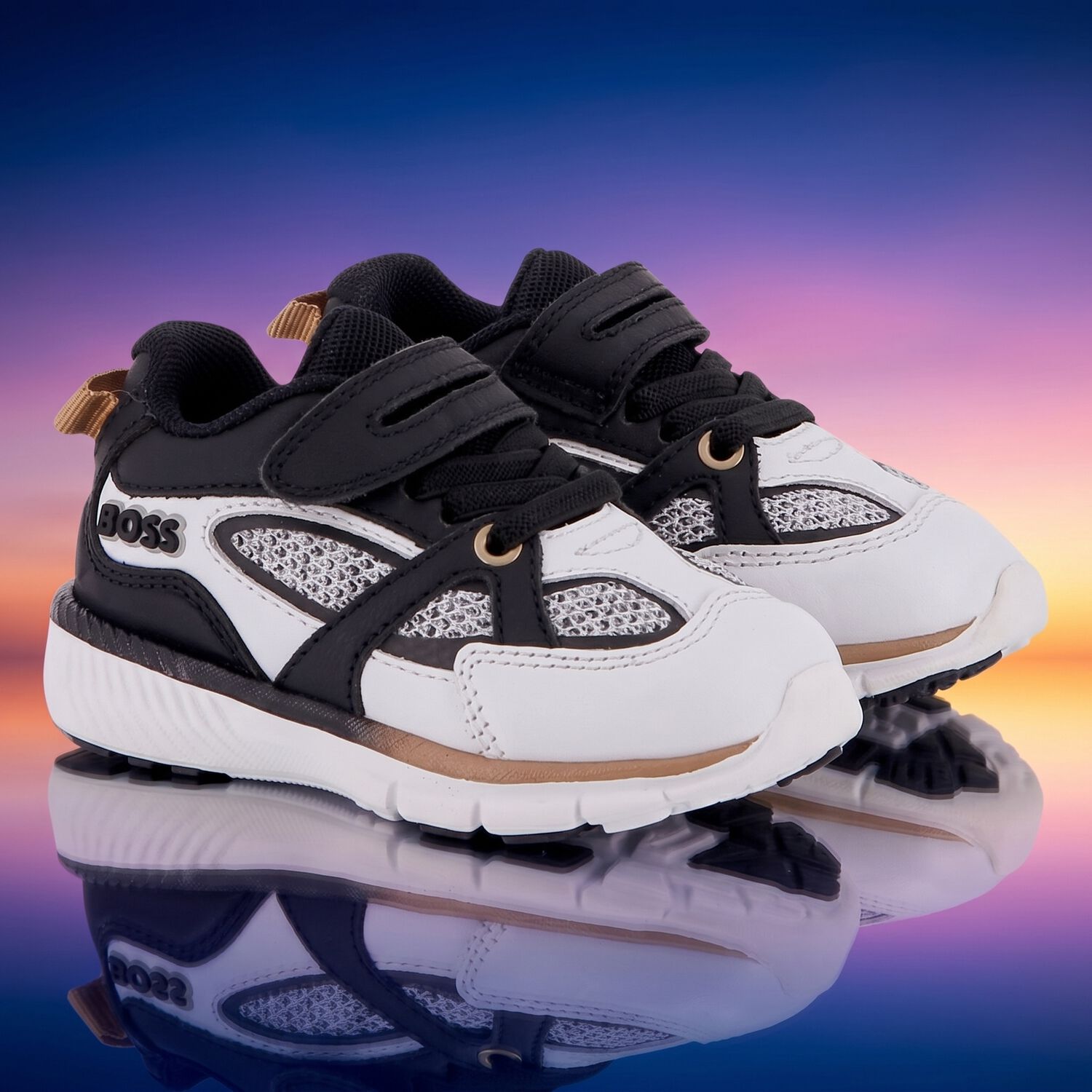 Boys Black & White Logo Trainers, 1, hi-res