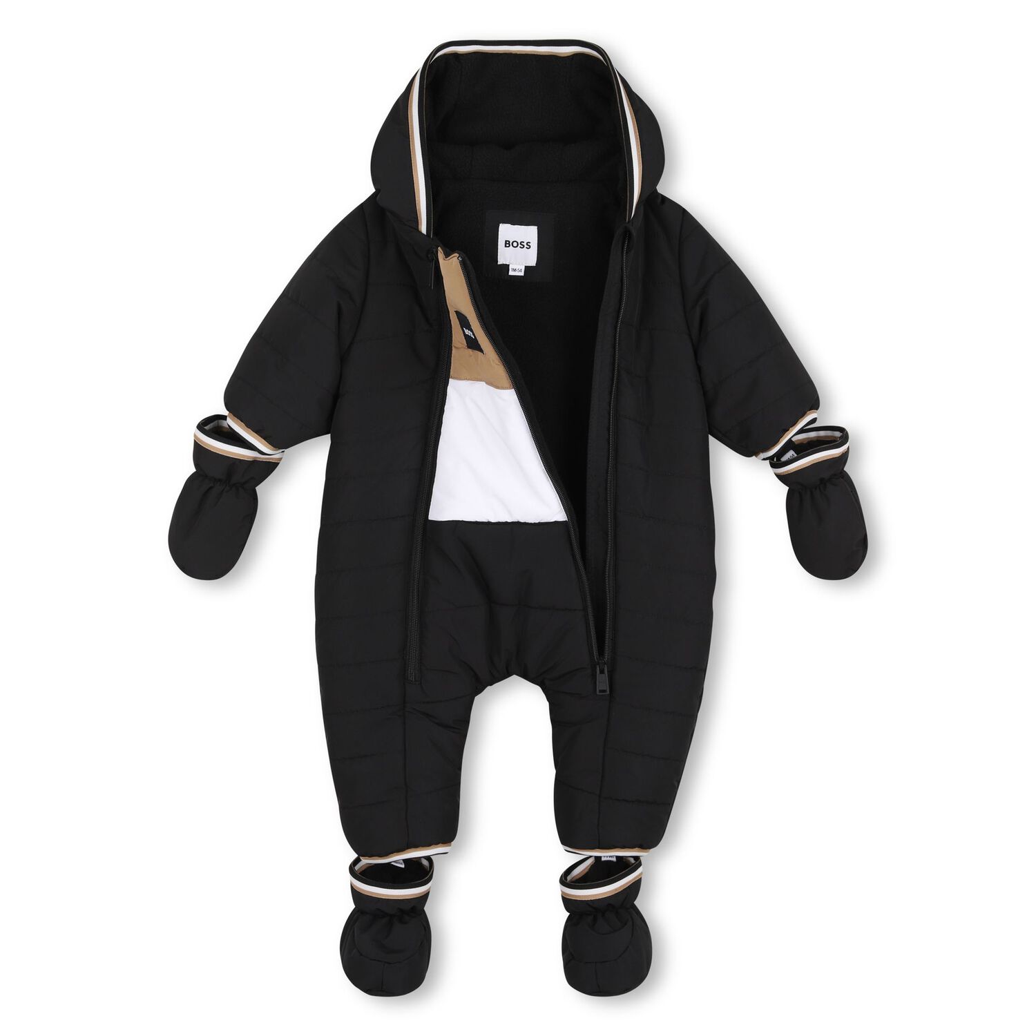 Baby Boys Black Logo Padded Snowsuit, 1, hi-res
