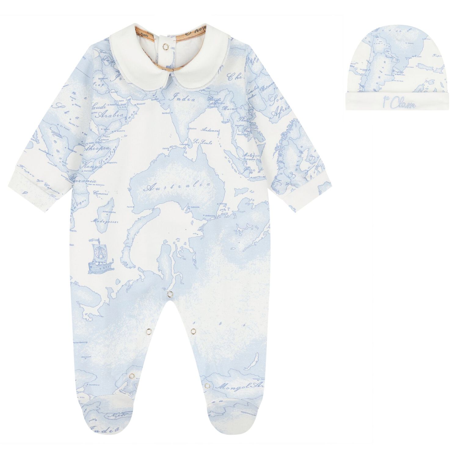 Baby Boys Ivory & Blue Geo Map Babygrow Gift Set, 4, hi-res