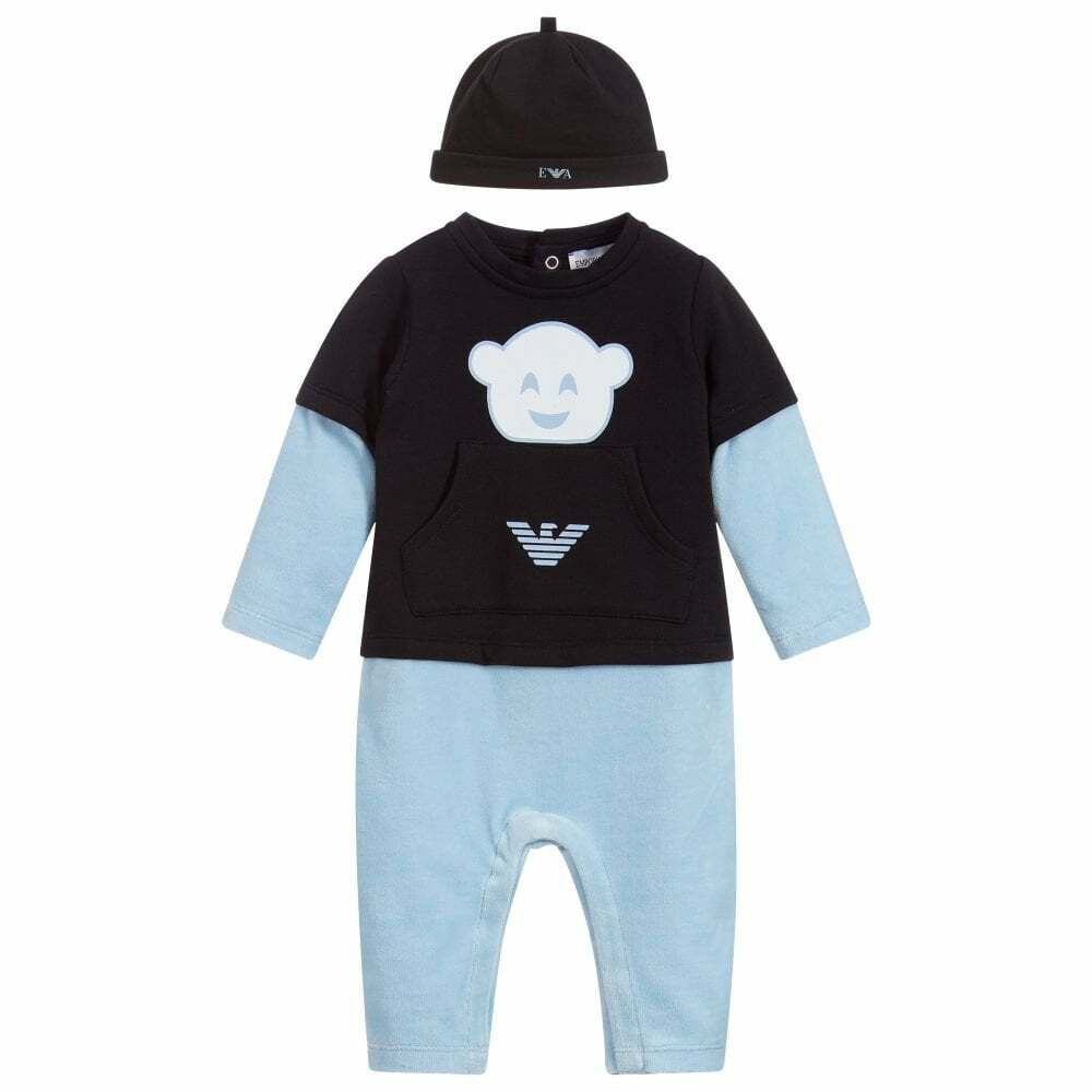 Emporio Armani Baby Boys Blue Babygrow Hat Gift Set Junior Couture UK