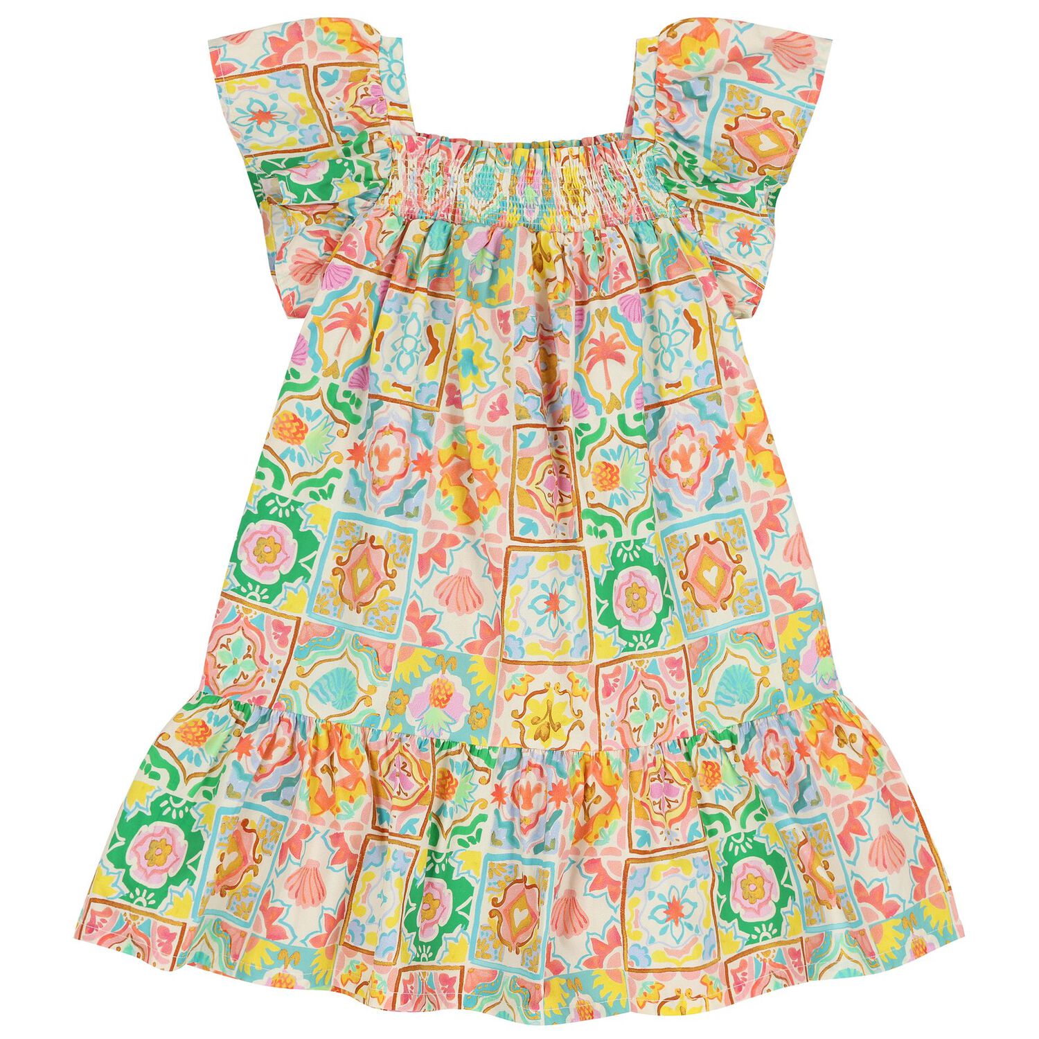 Girls Multi-Coloured Shirred Dress, 1, hi-res