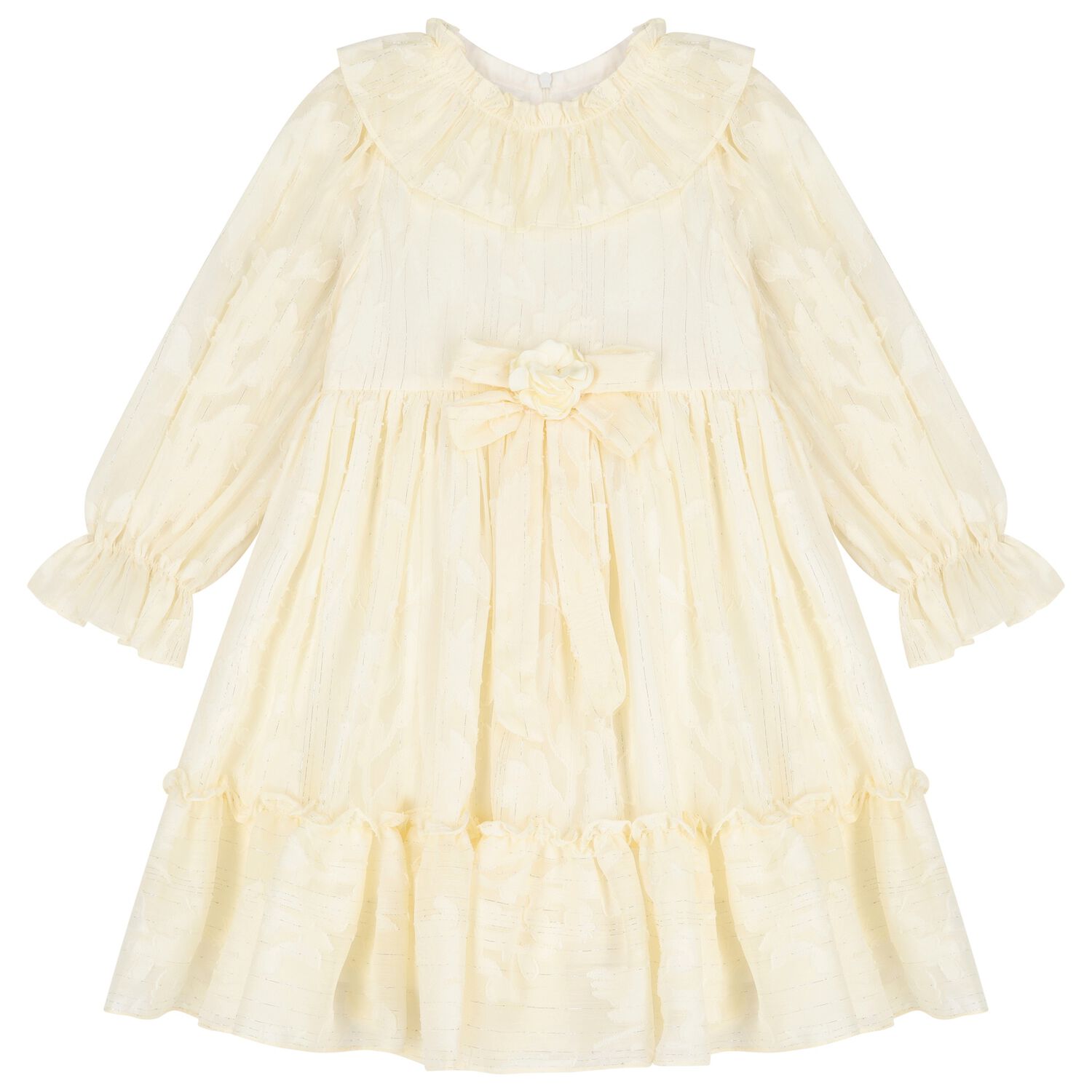 Girls Ivory & Gold Ruffled Dress, 1, hi-res