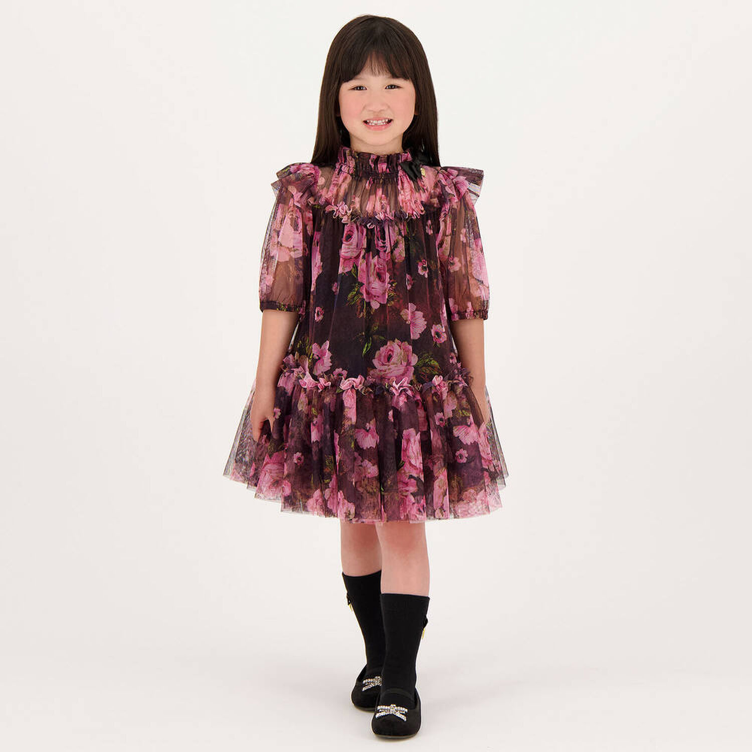 Girls Black Floral Tulle Dress, 1, hi-res image number null