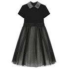 Girls Black Crystal Logo Tulle Dress, 1, hi-res