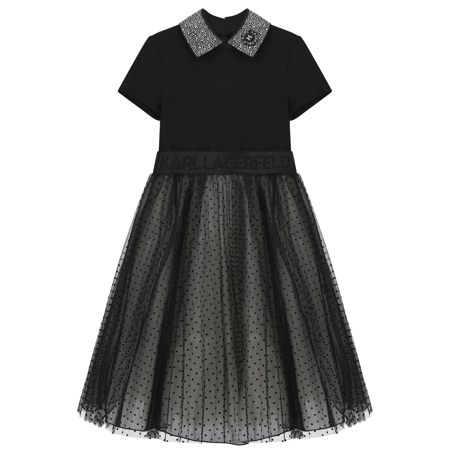 Girls Black Crystal Logo Tulle Dress, 1, hi-res image number null