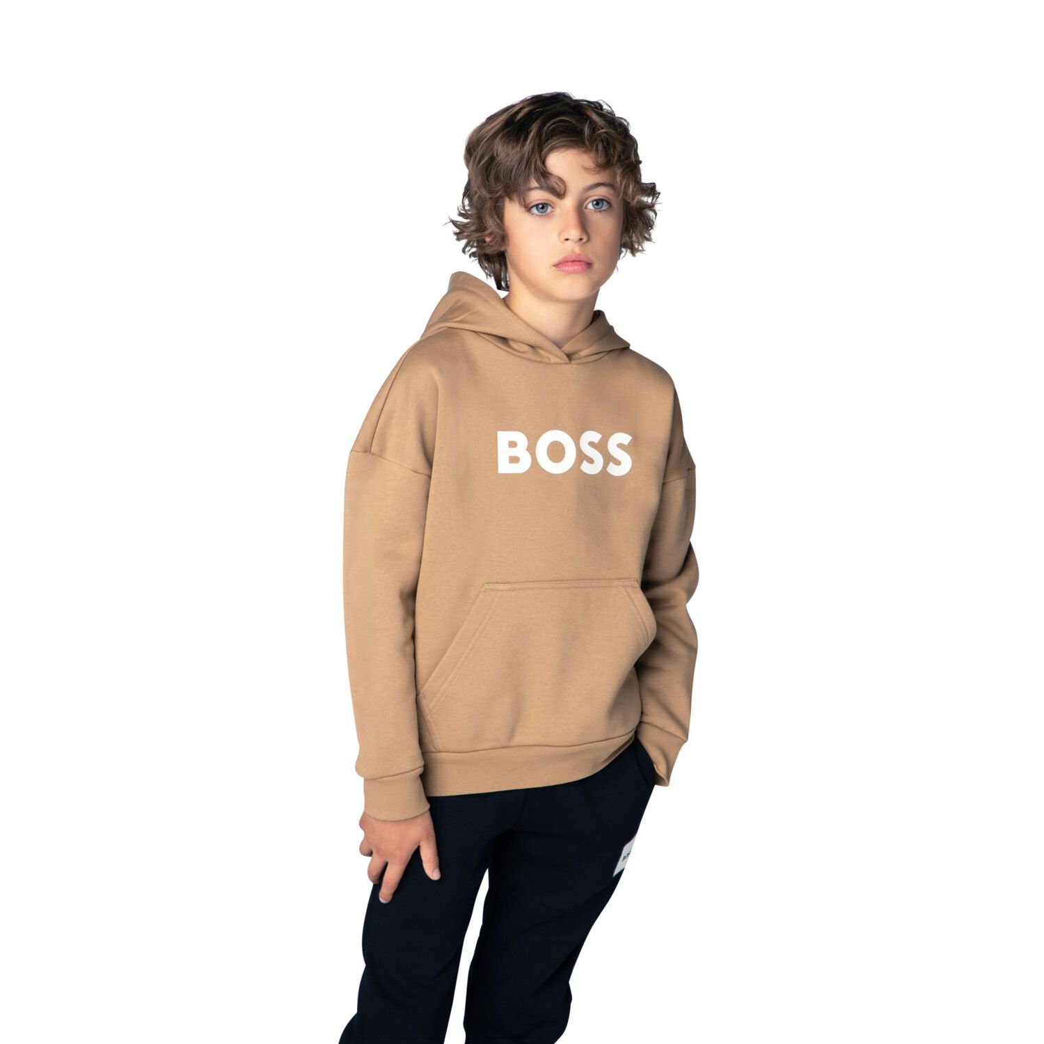 Boys Beige Logo Hooded Top, 2, hi-res