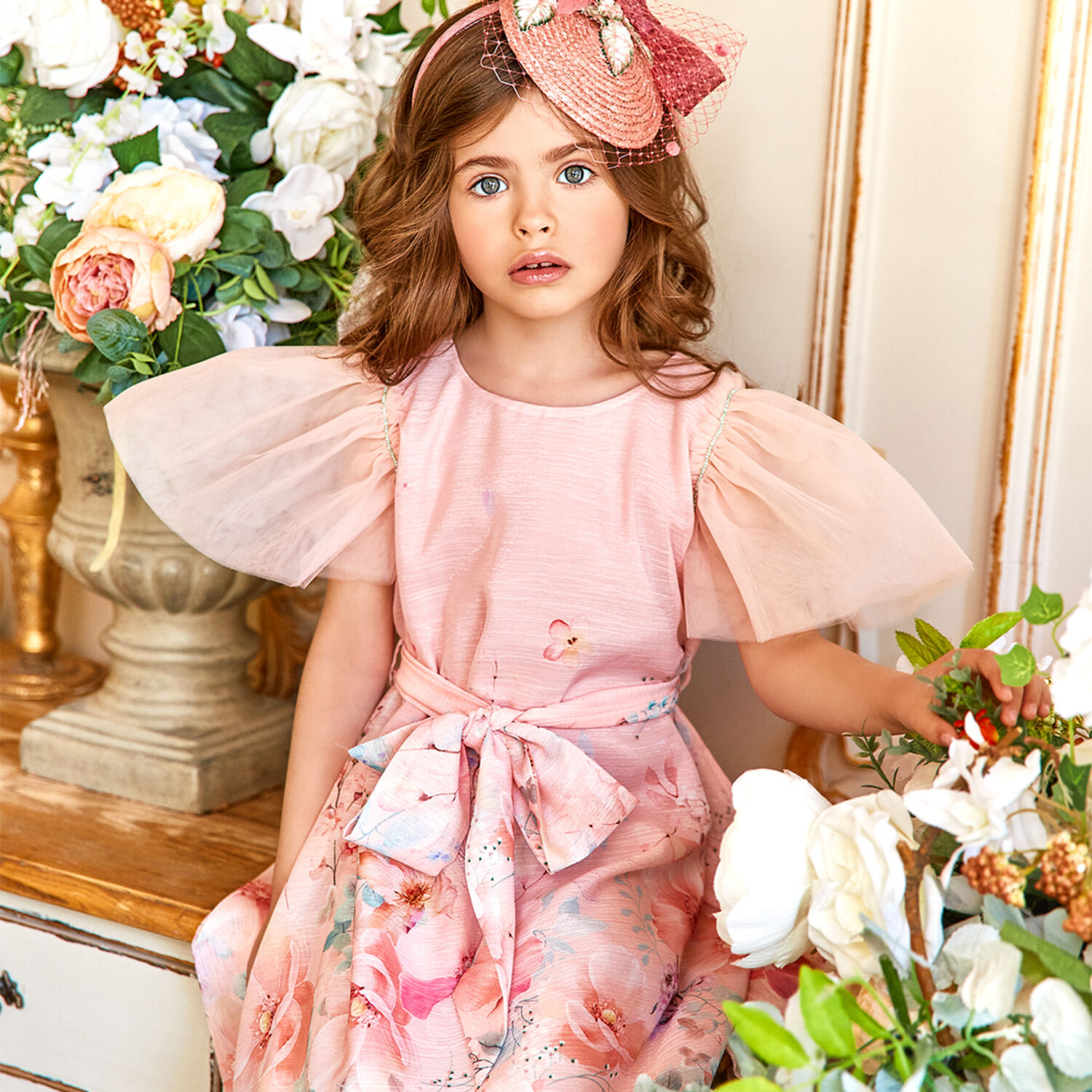 Girls Pink Floral Chiffon Dress, 1, hi-res image number null