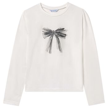 Girls Ivory Bow Long Sleeve Top