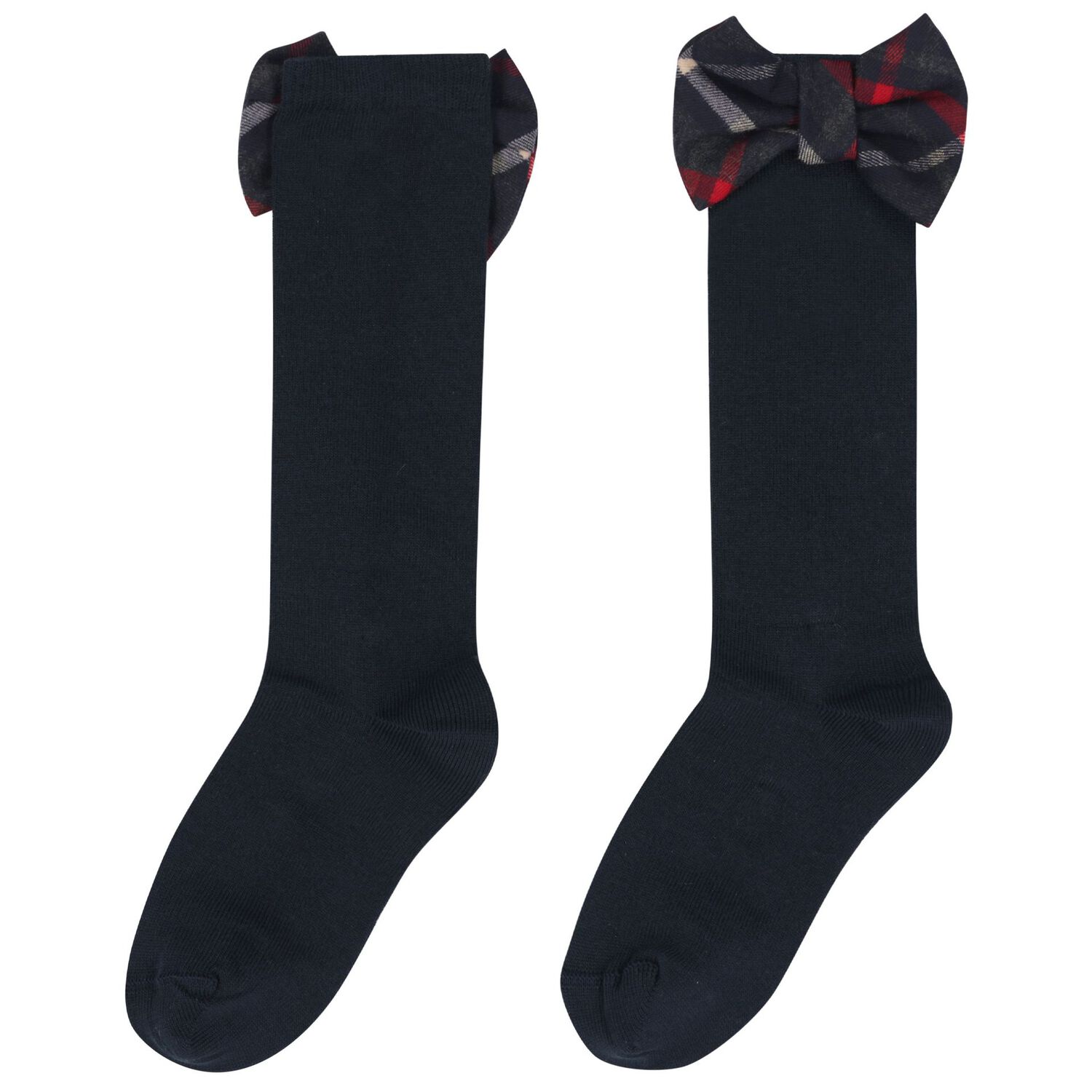 Girls Navy Blue Bow Tartan Socks, 1, hi-res