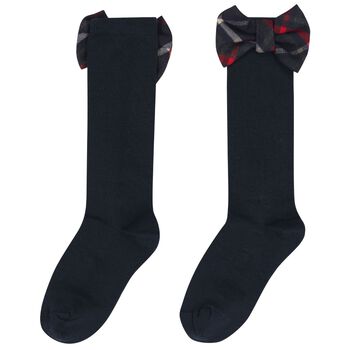 Girls Navy Blue Bow Tartan Socks