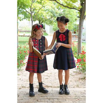Girls Navy Blue & Green Tartan Dress