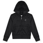 Girls Black Crystal Embellished Diamant&eacute; Logo Velour Hooded Zip Up Top, 1, hi-res