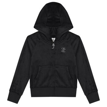 Girls Black Crystal Embellished Diamant&eacute; Logo Velour Hooded Zip Up Top