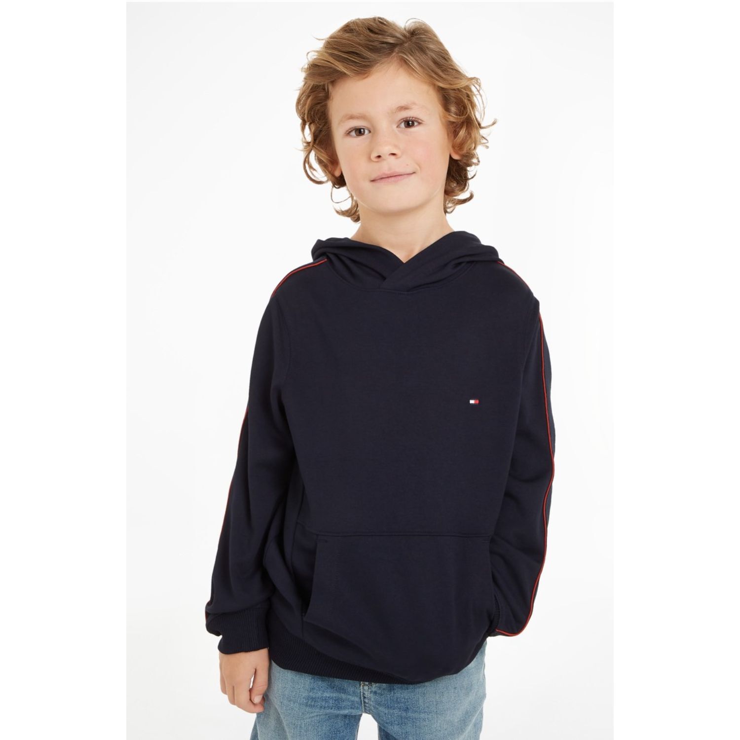 Boys Navy Blue Logo Hooded Top, 1, hi-res