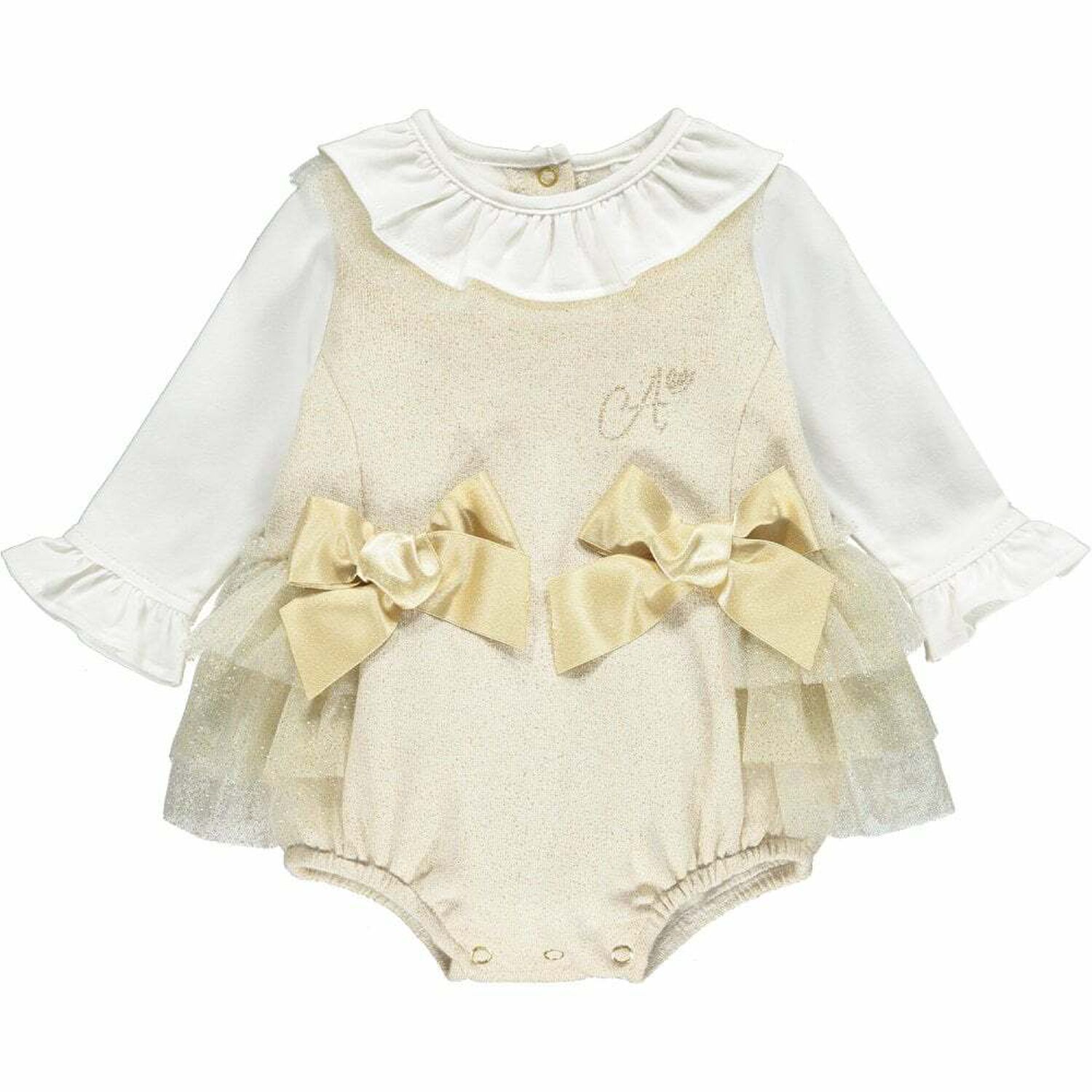 Baby Girls Gold & Ivory Ruffle Romper, 1, hi-res