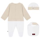 Beige & White Logo Babygrow, Hat & Bib Gift Set, 1, hi-res