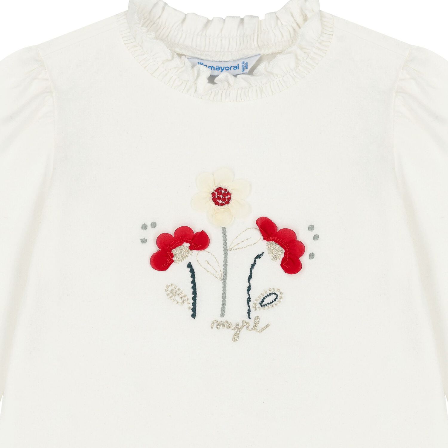 Younger Girls Ivory Flower Long Sleeve Top, 1, hi-res