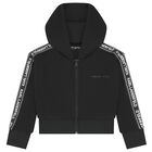 Girls Black Logo Hooded Zip Up Top, 1, hi-res