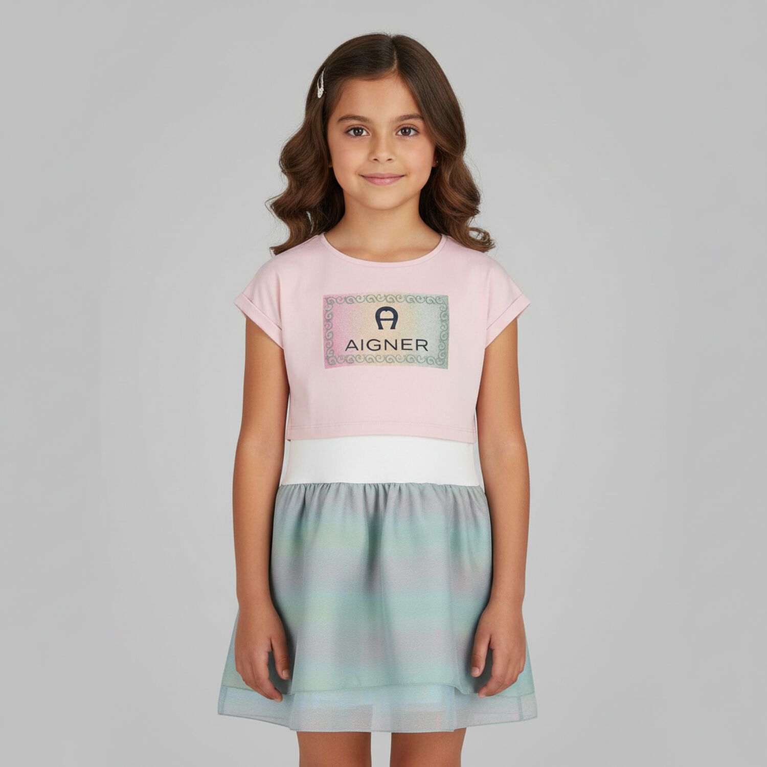 Girls Pink, White & Green Logo Dress Set, 2, hi-res image number null