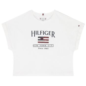 Girls White Cotton Sequin Flag T-Shirt