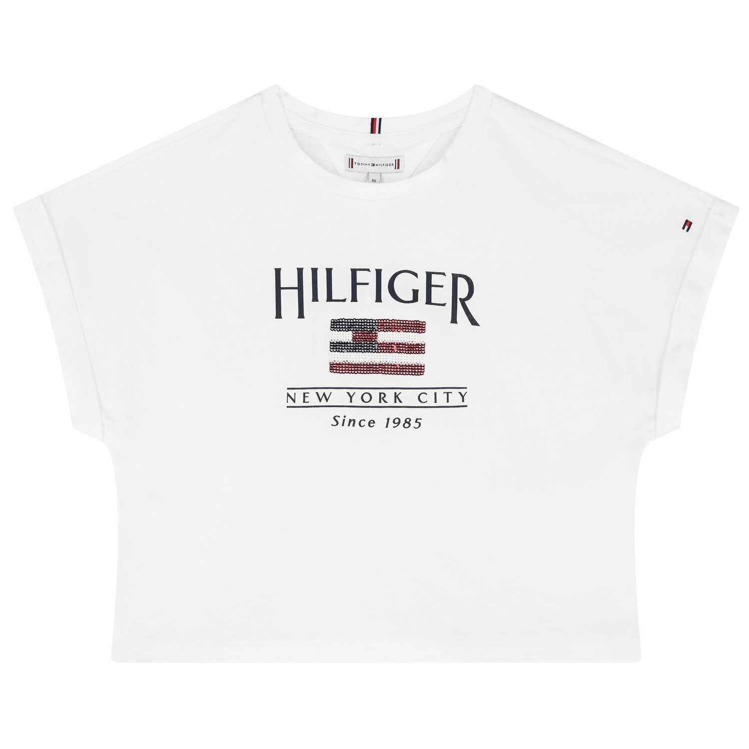 Girls White Cotton Sequin Flag T-Shirt, 2, hi-res image number null