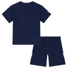 Boys Navy Blue Logo Short Set, 1, hi-res