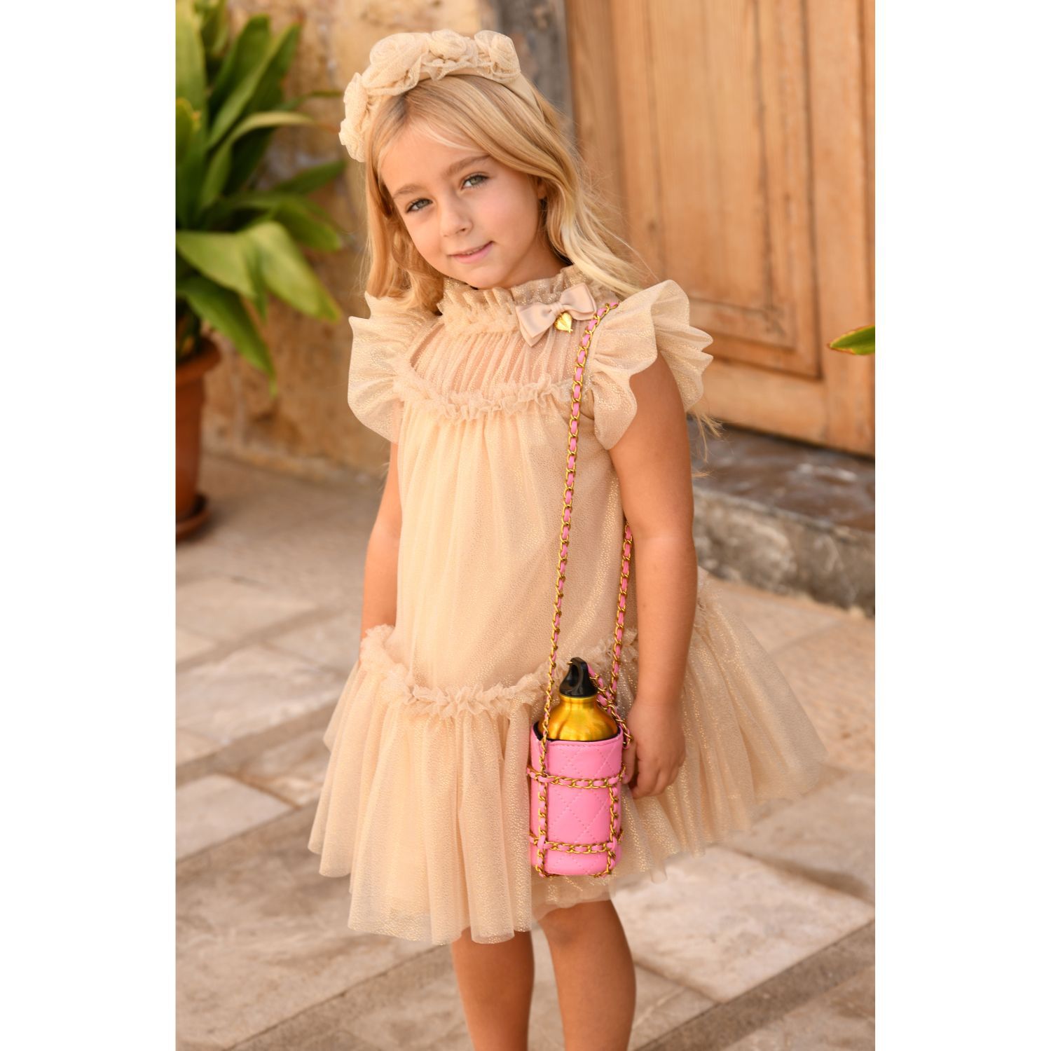 Girls Gold Glitter Ruffle Dress, 3, hi-res