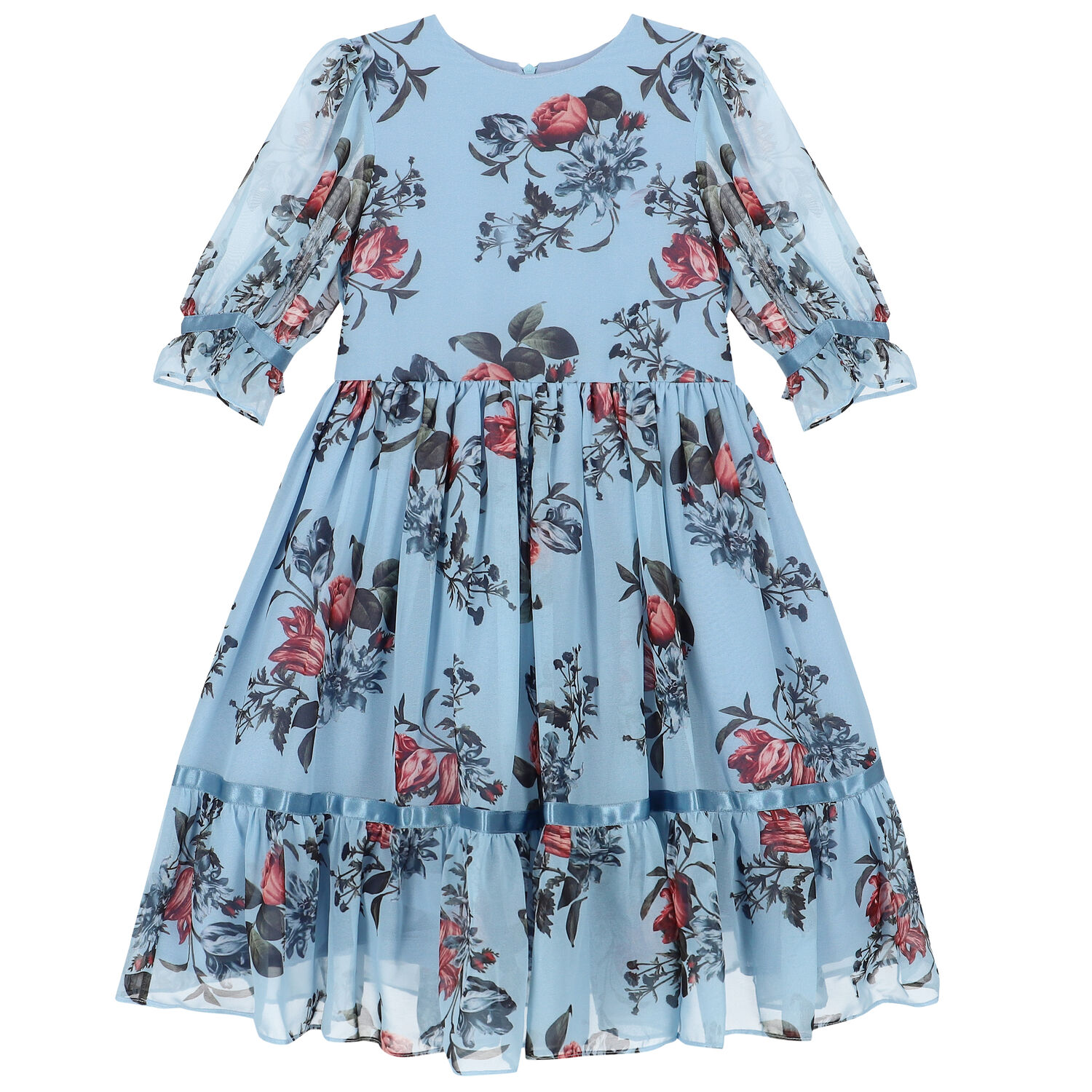 Girls Blue Floral Chiffon Dress, 1, hi-res