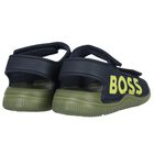 Boys Navy Blue & Green Logo Sandals, 2, hi-res