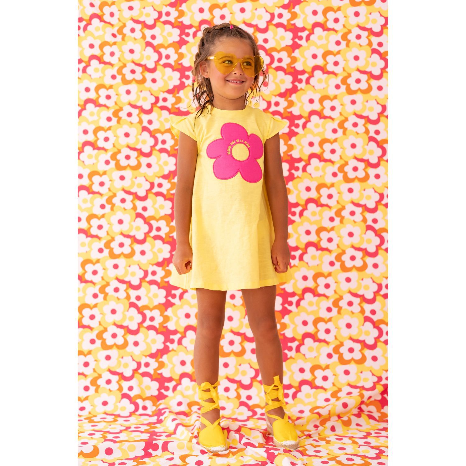 Girls Yellow & Pink Flower Logo Dress, 1, hi-res