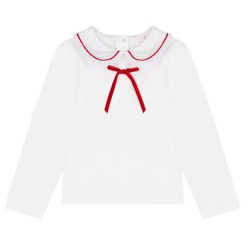 Girls White Bow Long Sleeve Top