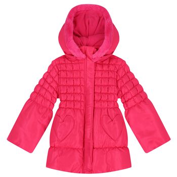 Girls Pink Heart Hooded Puffer Jacket