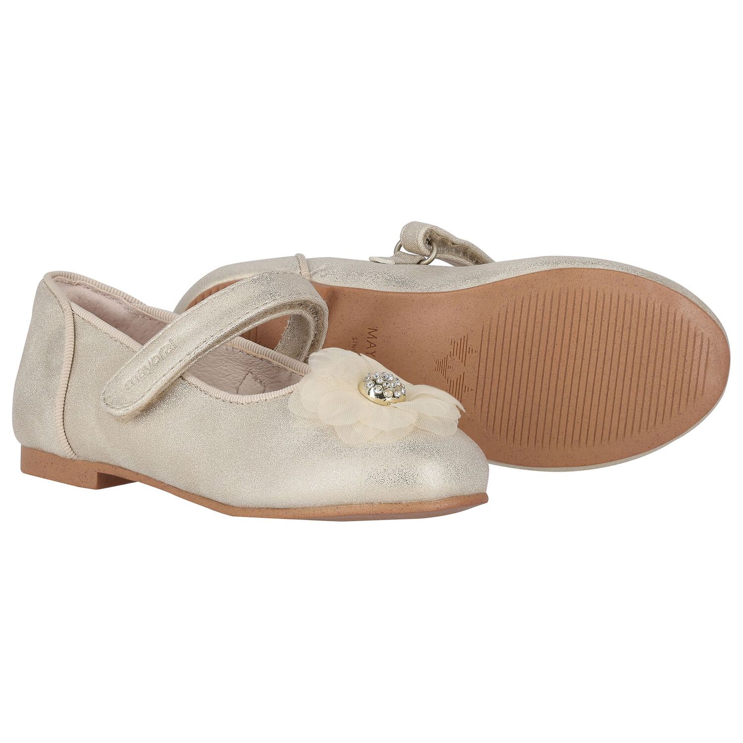 Girls Gold Diamante Flower Shoes, 2, hi-res