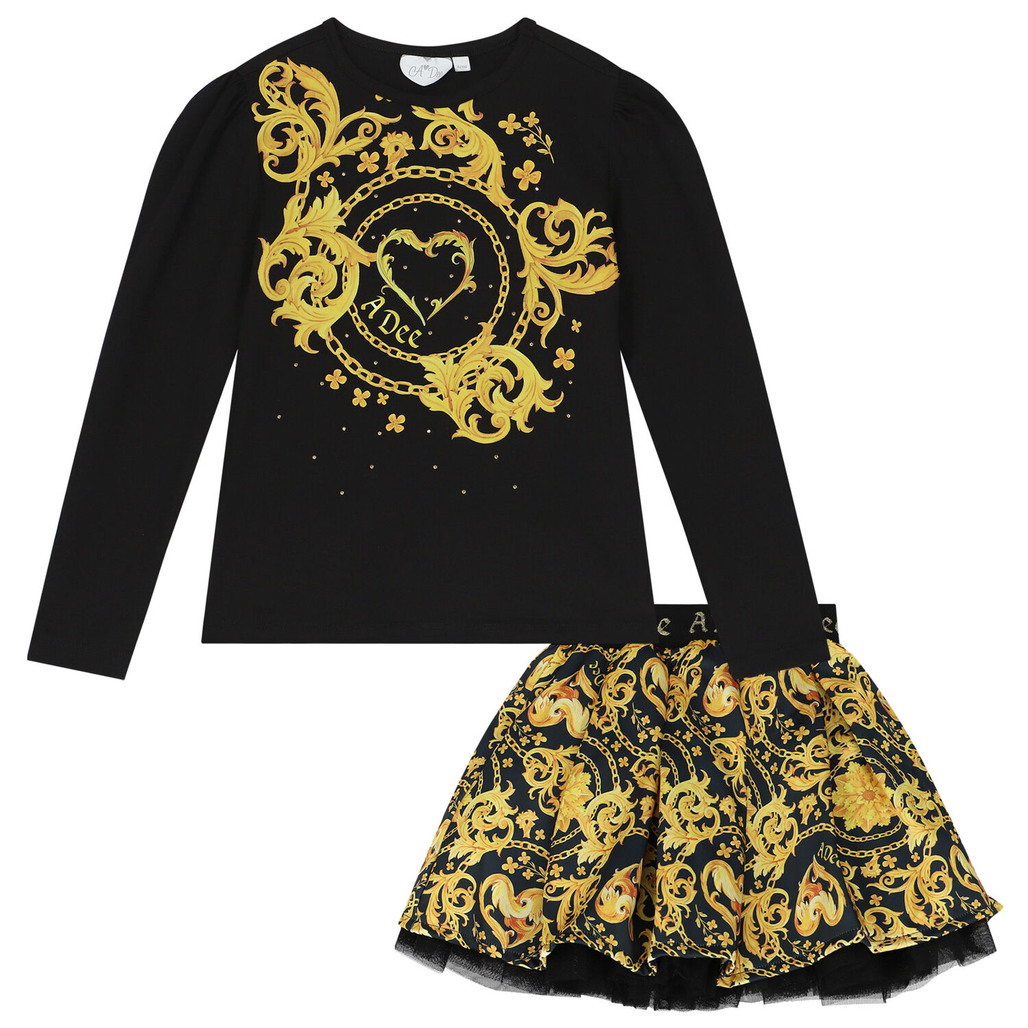 Girls Black & Gold Skirt Set, 1, hi-res