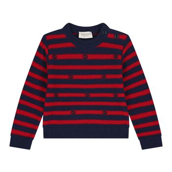 Baby Boys Navy Blue & Red Logo Striped Jumper