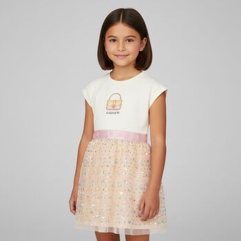 Girls Ivory & Pink Logo Sequin Dress