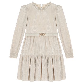 Girls Beige & Silver Plisse Dress