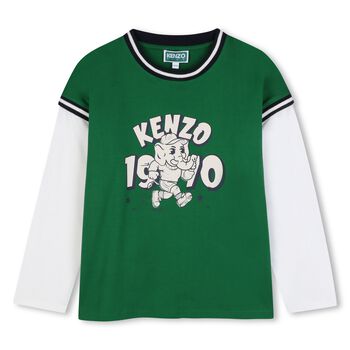 Boys Green & White Elephant Logo Long Sleeve Top