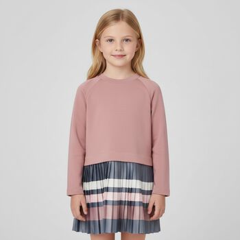 Girls Pink Striped Pleated Dress