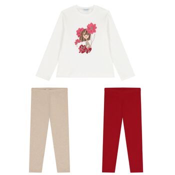 Girls Ivory, Red & Beige Leggings Set