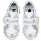 White & Silver Teddy Bear Logo Trainers, 1, hi-res