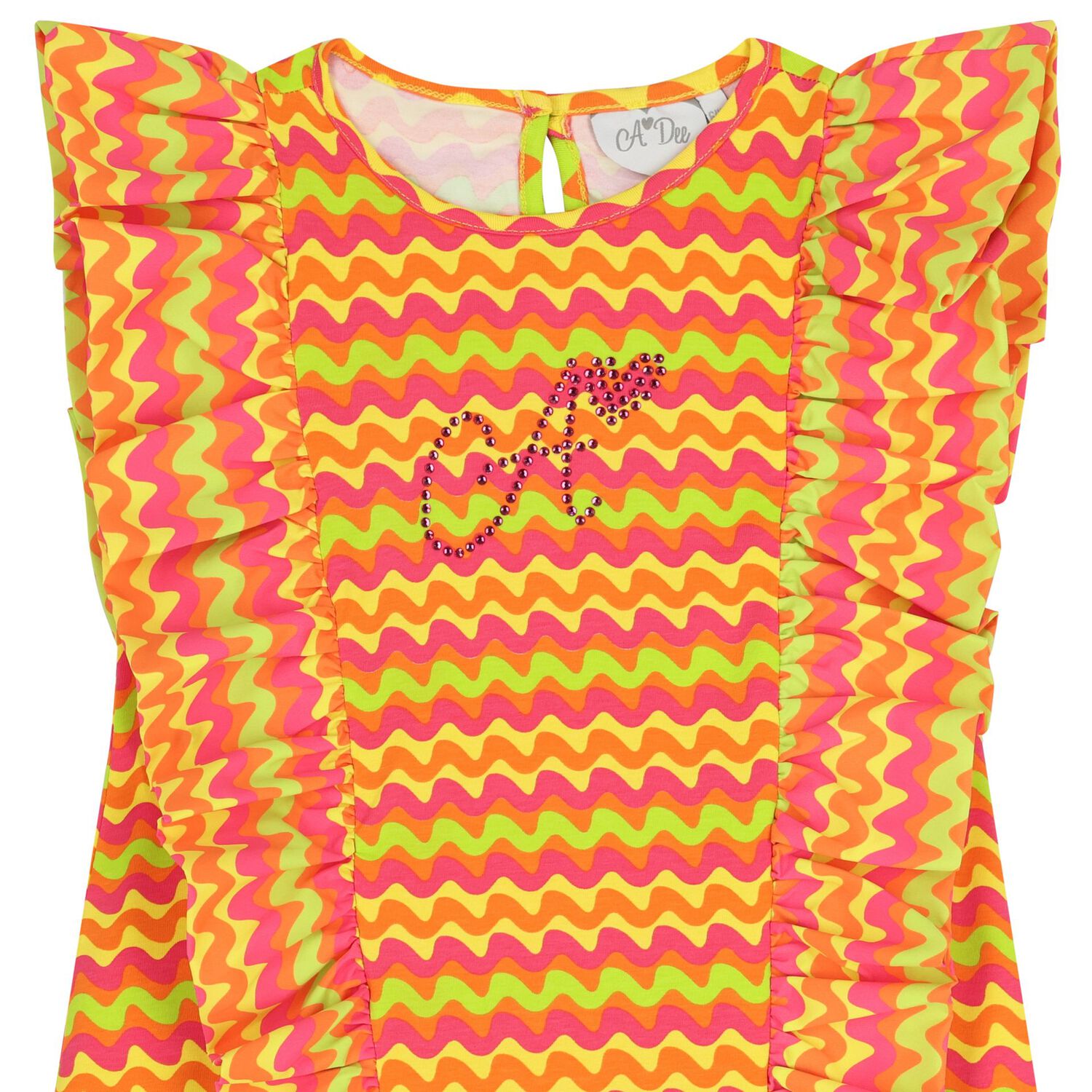 Girls Pink & Orange Wavy Stripe Ruffle Dress, 1, hi-res
