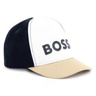 Baby Boys White, Navy Blue & Beige Logo Cap, 1, hi-res